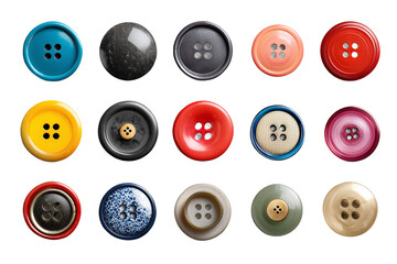 Set of Colorful Buttons with Different Designs and Materials, isolated on white transparent background