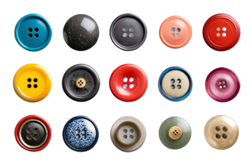 Set of Colorful Buttons with Different Designs and Materials, isolated on white transparent background