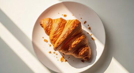 Golden croissant on white plate with natural sunlight shadows