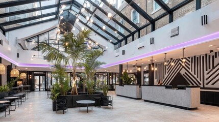 Modern hotel lobby with tropical plants and stylish design.