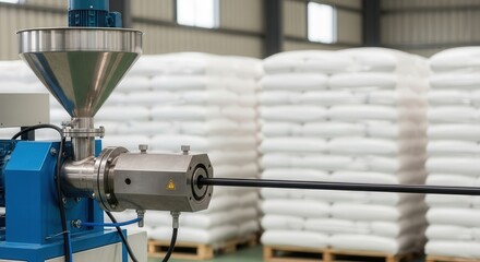 A single screw extruder with hopper for bulk materials  for profile extrusion on a background of production and pallets with raw material
