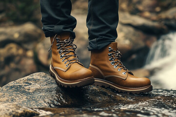 Rugged leather boots on a riverbank, embracing nature and adventure