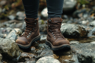 Exploring rocky terrains: Close-up of sturdy leather boots during outdoor adventure