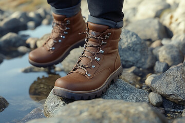 Stylish brown leather hiking boots on rocky terrain near a serene water source