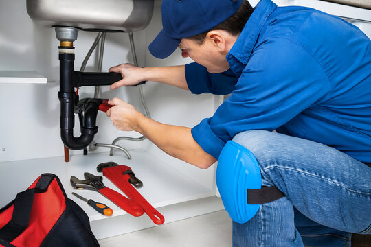 Professional plumber fixing under-sink drain with pipe wrench. Close-up of P-trap, pipes and tools. Home maintenance, leak repair, kitchen renovation, emergency plumbing service.