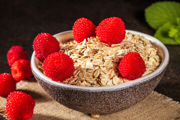 Healthy eating: tibetan raspberries paired with nutritious oatmeal flakes for breakfast