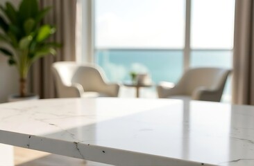 Marble hotel room table top for product placement with blurred living room and ocean background