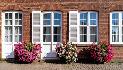 Brick building with flowers, windows, and doors.