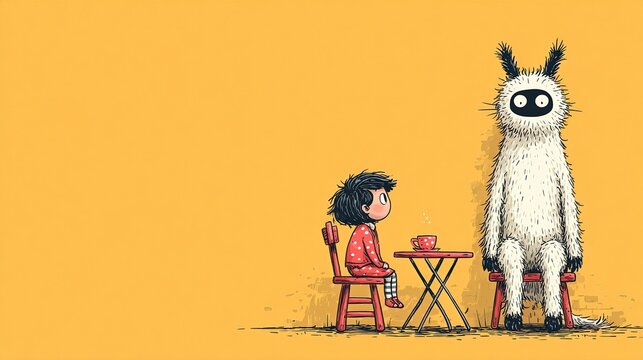 A boy sitting at a table next to a llama.