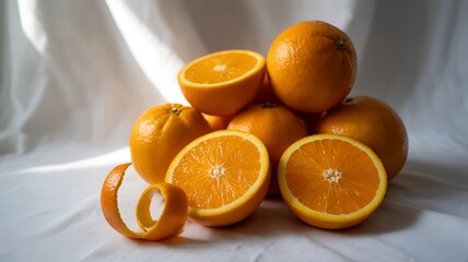 Oranges with One Peeled and Sliced Against White Fabric