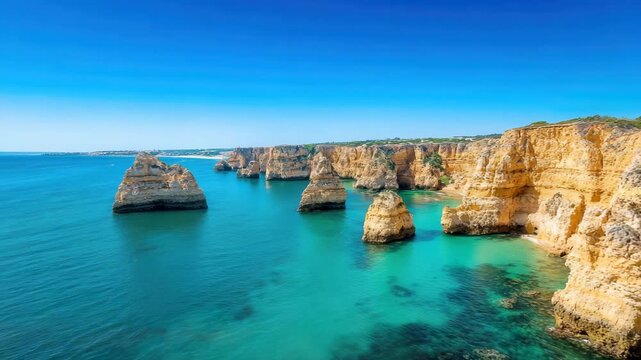 Breathtaking aerial view of algarve coastline with turquoise waters and majestic cliffs