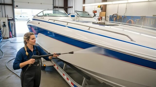 Woman power washes boat, maintenance. Showcases boat detailing, boatyard services, cleaning industry, outdoor recreation, boat ownership, small business, marine care, repair, and leisure.