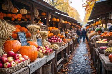 Vibrant autumn market full of pumpkins and fresh produce during a sunny day in fall