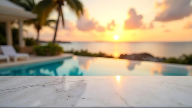Beachfront table top, sunny day, sunset villa with infinity swimming pool. blurred blue ocean view