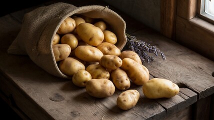 Potatoes and lavender spilling from a burlap sack on a wooden surface