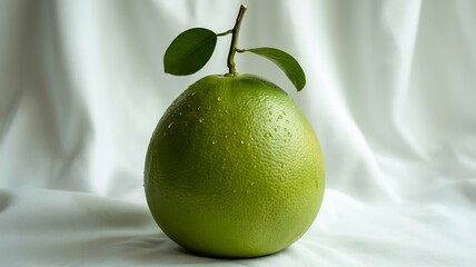 Single green pomelo with water droplets and leaves
