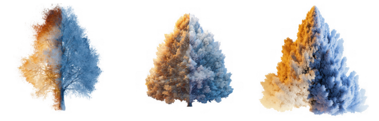 Three abstract trees isolated on transparent background, showcasing a colorful and artistic design, perfect for graphic elements and creative projects