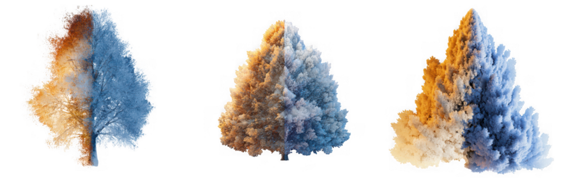 Three abstract trees isolated on transparent background, showcasing a colorful and artistic design, perfect for graphic elements and creative projects
