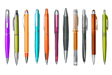 Variety of realistic colorful pens, stationery, isolated on white transparent background