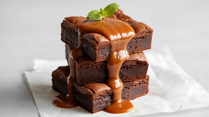 Stack of Chocolate Brownies with Caramel Drizzle dessert