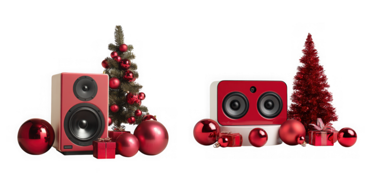 Festive christmas speaker setup with red ornaments isolated on transparent background, perfect for holiday celebrations and winter season