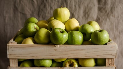 Stack of Green and Yellow Apples in Wooden Crate fruit