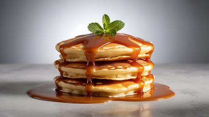 Stack of Pancakes with Caramel Sauce and Mint syrup