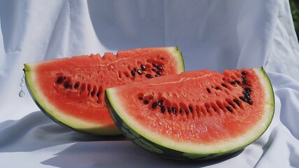Two Slices of Fresh Watermelon with Seeds fruit food