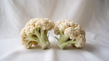 Two halves of a fresh cauliflower on a white background