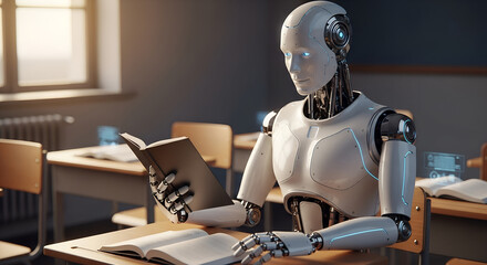 Futuristic robot studying in a classroom reading books to learn and gain knowledge