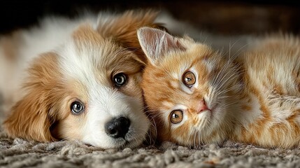 A dog and a cat laying next to each other on a carpet.