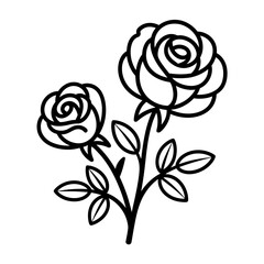 Elegant Rose Outline Illustration Two Blooming Roses with Leaves and Stems in Black and White for Design Projects