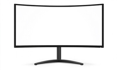 Modern curved screen monitor with a blank white display against a white background