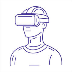 Minimalist line art illustration of a person wearing a virtual reality headset. The design is in purple outlines on a white background, in a simple, icon-style format.