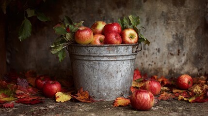 Fresh picked apples in weathered galvanized metal bucket with autumn leaves scattered around