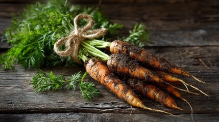 Freshly harvested carrots with soil and greens bundled with twine on worn wooden surface