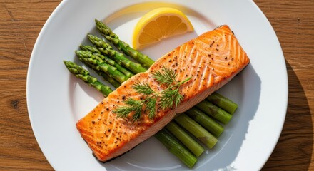 Grilled salmon fillet with asparagus and lemon garnish on white plate