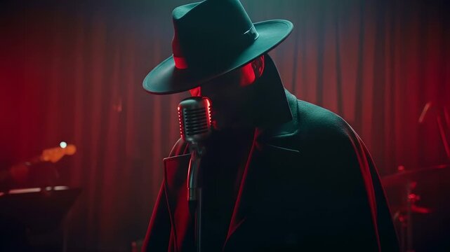 Soulful jazz singer performs with fedora and vintage microphone, capturing retro stage performance. Ideal for music promos, 1940s themes, entertainment and blues events.