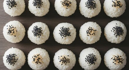 Perfectly aligned rice balls with black and white sesame seeds on wooden surface