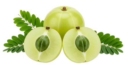 Fresh amla fruit with leaves isolated on black background