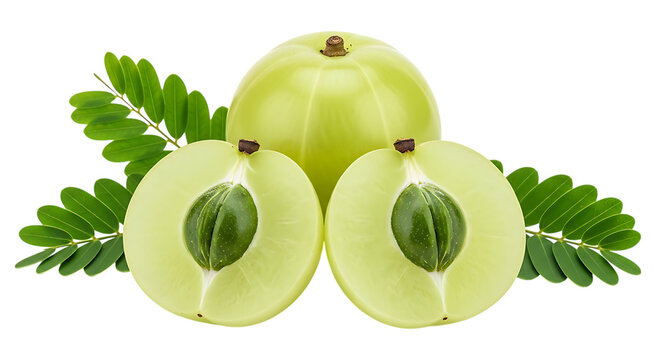 Fresh amla fruit with leaves isolated on black background