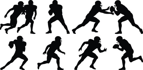 American football player silhouettes, quarterback passing, running back rushing, tackling defense, team sports action, athlete training, competitive game, sports vector, fitness workout