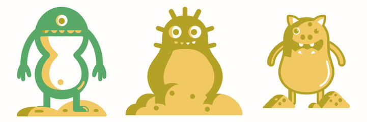 Whimsical monsters smiling cheerfully, perfect for children's books and playful designs, adding a touch of adorable fun and imagination to any project