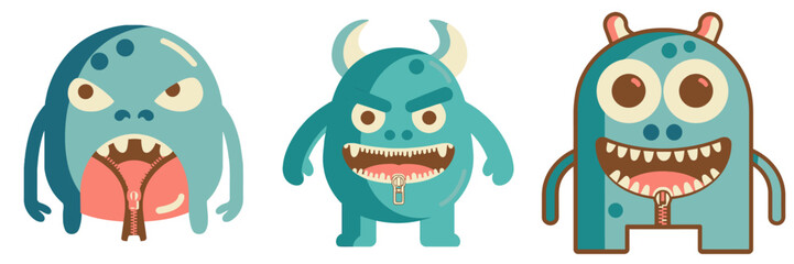 Fototapeta premium Playful cartoon monster trio with zipper mouths ready for Halloween fun, perfect for kids' designs or whimsical projects, adding a touch of quirky charm