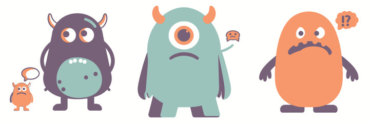 Fototapeta premium Quirky monsters express a range of emotions, creating a fun and engaging visual for playful designs and humorous projects, perfect for cartoons