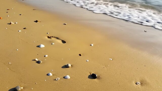 Ocean wave washes ashore, leaving footprint in sand with shells and stones; vacation background