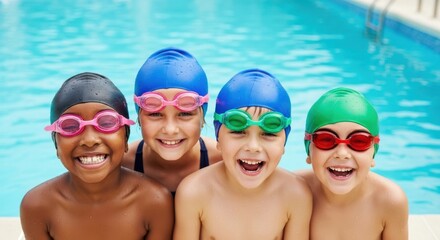 Group of happy children in colorful swimming caps and goggles smiling by the pool