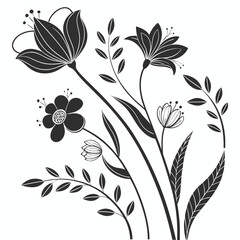Elegant Floral Vector Illustration with Various Flowers and Leaves in Black and White