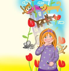 Cartoon little girl with flowers