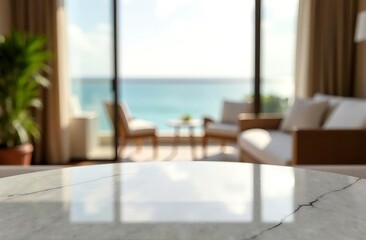 Obraz premium Marble hotel room table top for product placement with blurred living room and ocean background